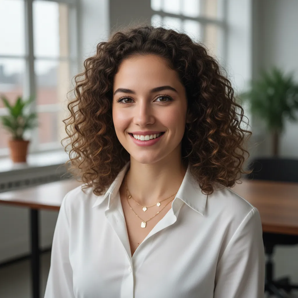 Portrait of a young female financial analyst with curly hair, wearing a white blouse and gold necklace, smiling warmly in a modern workspace. 1:1 aspect ratio.