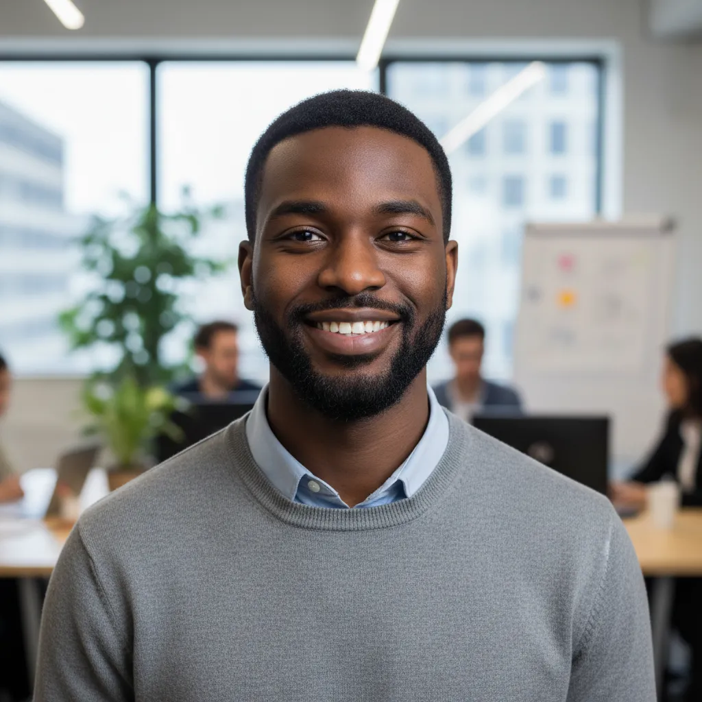Portrait of a young Black male accountant with a close-cropped beard, wearing a grey sweater and blue collared shirt, smiling in a collaborative workspace. 1:1 aspect ratio.