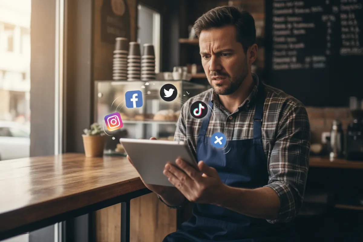 Man local business owner overwhelmed by posting to many social media apps