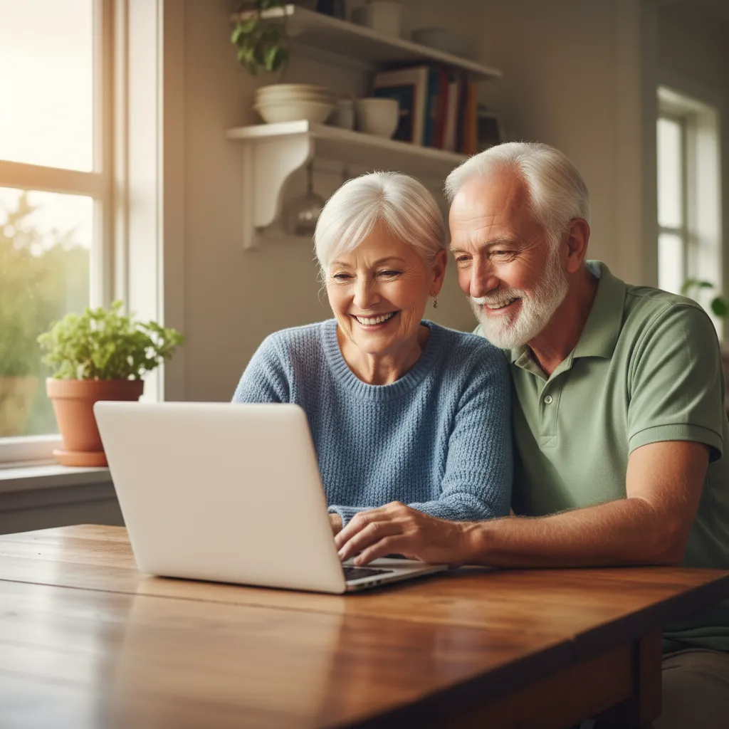 Retired couple using laptop