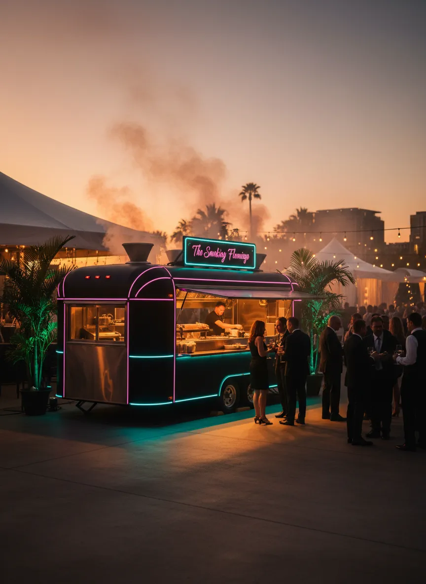 The Smokin' Flamingo Smokehouse trailer at a high-end luxury event at sunset