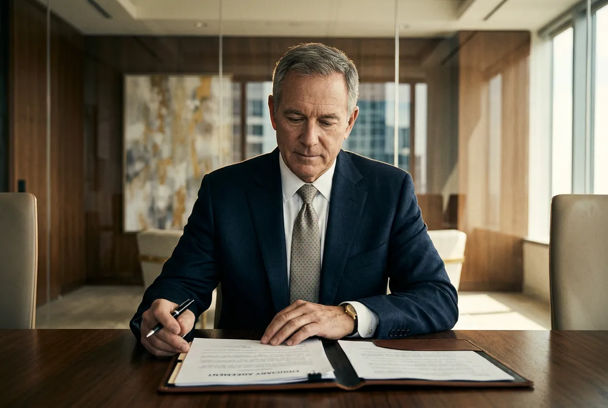 Senior wealth executive reviewing fiduciary documentation in an executive conference suite