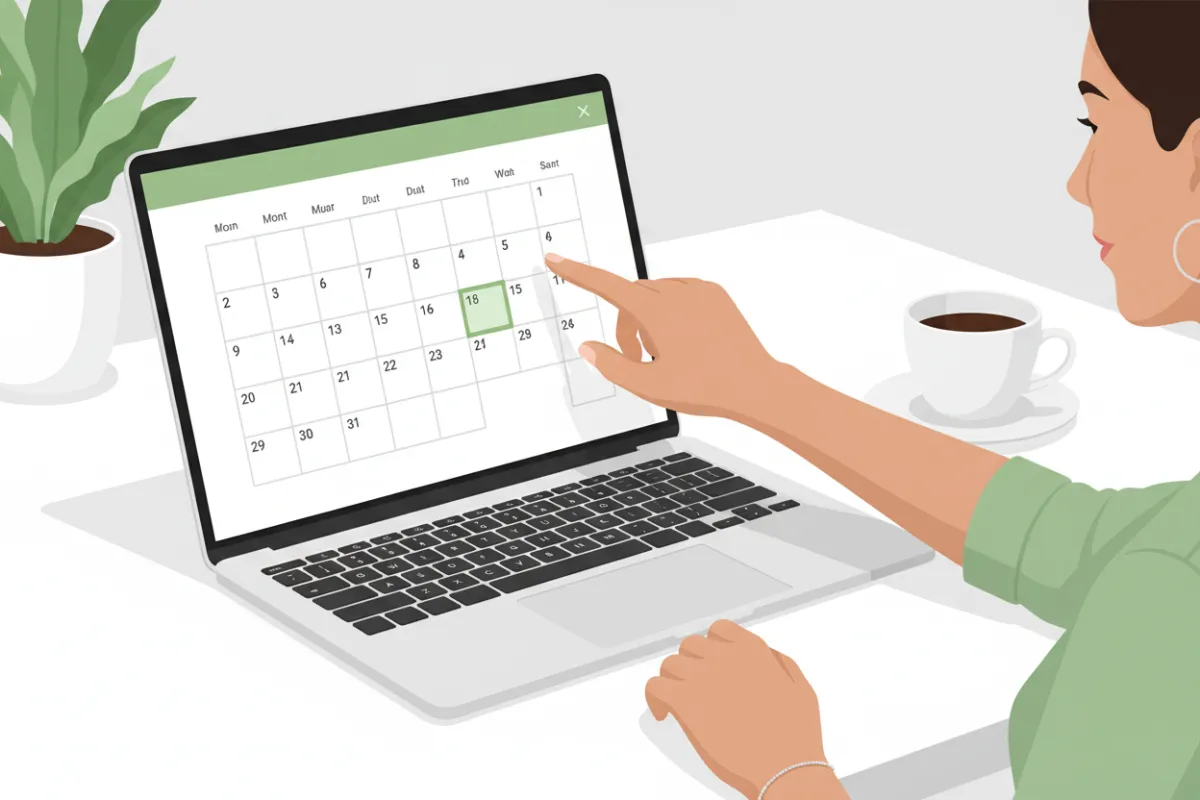 Ilustración digital de un calendario abierto en una laptop, con una mujer joven colombiana seleccionando una fecha. El fondo muestra una mesa blanca y una taza de café. El estilo es limpio y moderno, con tonos verdes y blancos, transmitiendo facilidad y organización en la reserva de citas.