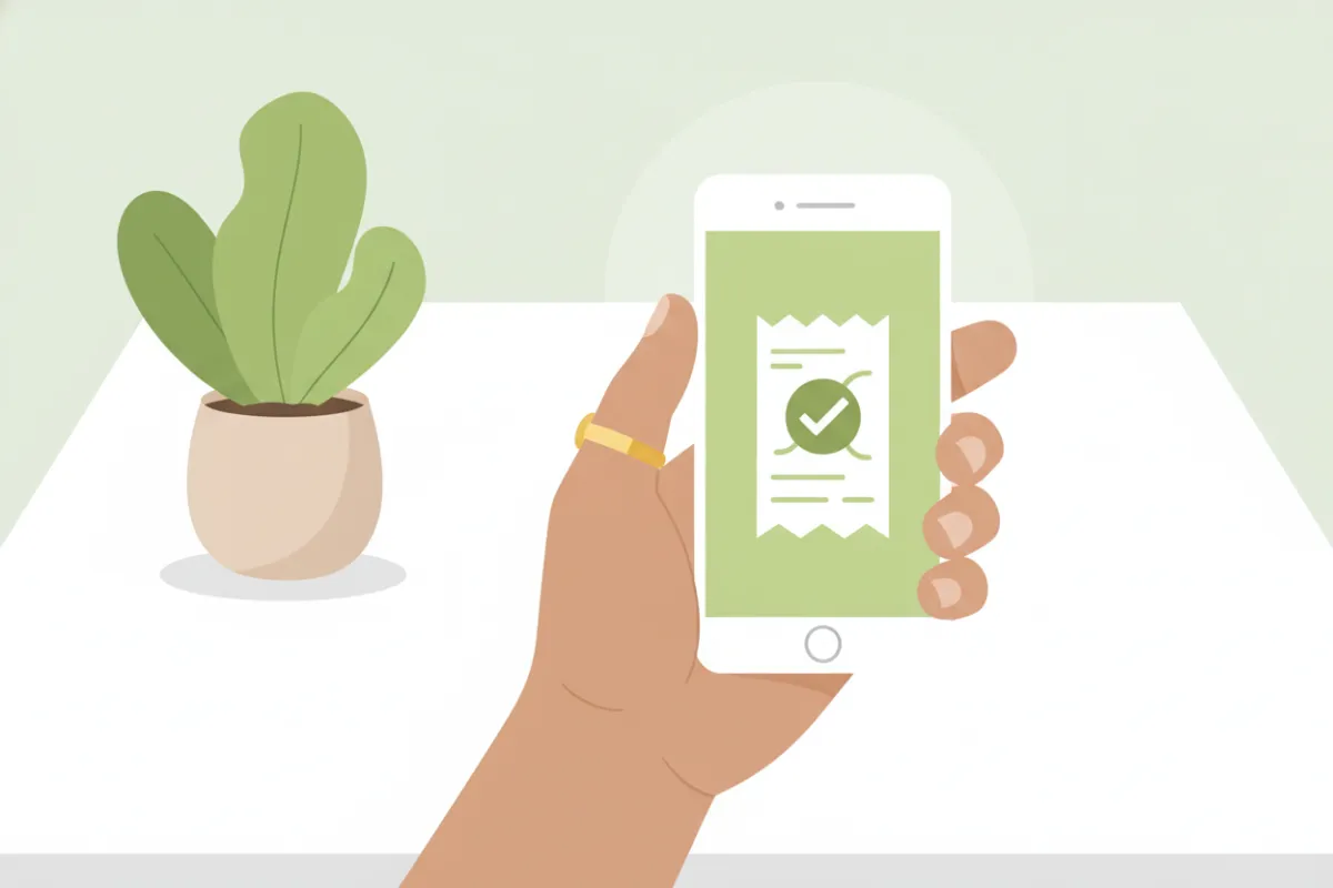 Ilustración digital de una mano colombiana sosteniendo un teléfono móvil con la pantalla mostrando un comprobante de pago, sobre una mesa blanca con una planta pequeña al fondo. El estilo es moderno y minimalista, con colores verdes y amarillos suaves, transmitiendo claridad y confianza en el proceso de pago.