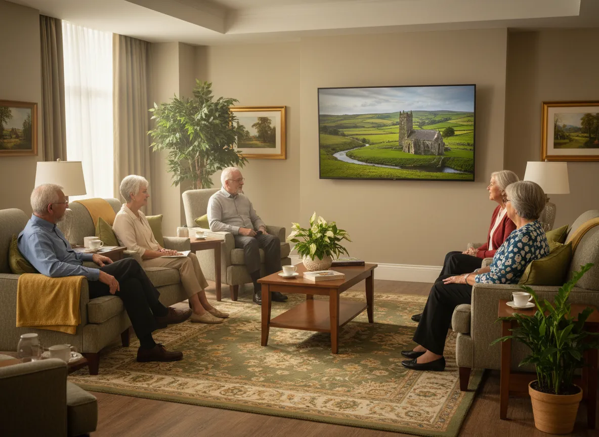 Seniors enjoying a virtual tour of Ireland on a large screen in a retirement home