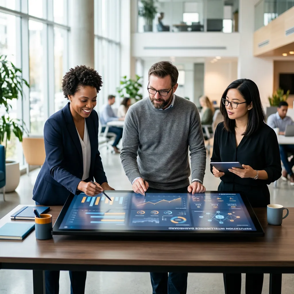 Senior Reputation Intelligence Specialists Reviewing Business Sentiment Analytics in Modern High-Key Agency Headquarters