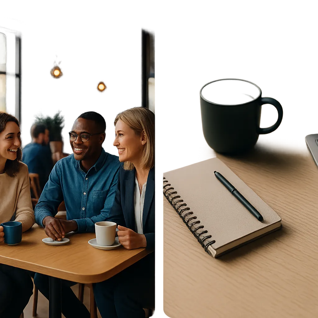 Two-panel composite display showing collaborative community discussions and hands-on media production workflow