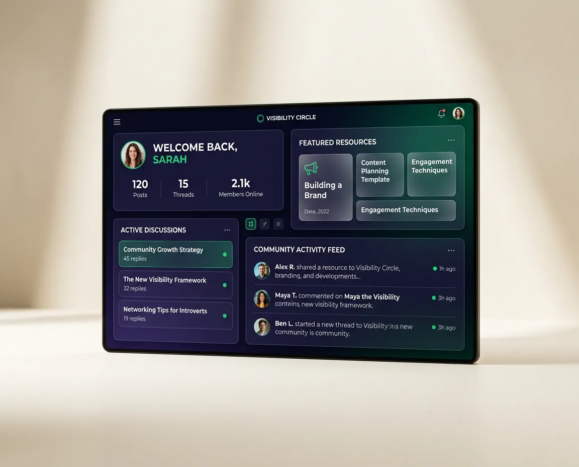 Visibility Circle community portal and interactive member dashboard showcasing active collaboration and resources
