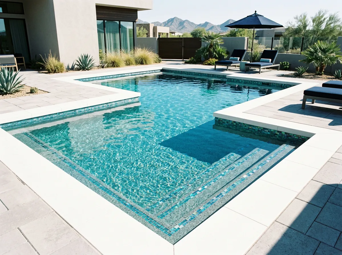 Fully renovated luxury pool with sparkling aqua water, modern glass waterline tile, and premium pebble finish in Arizona
