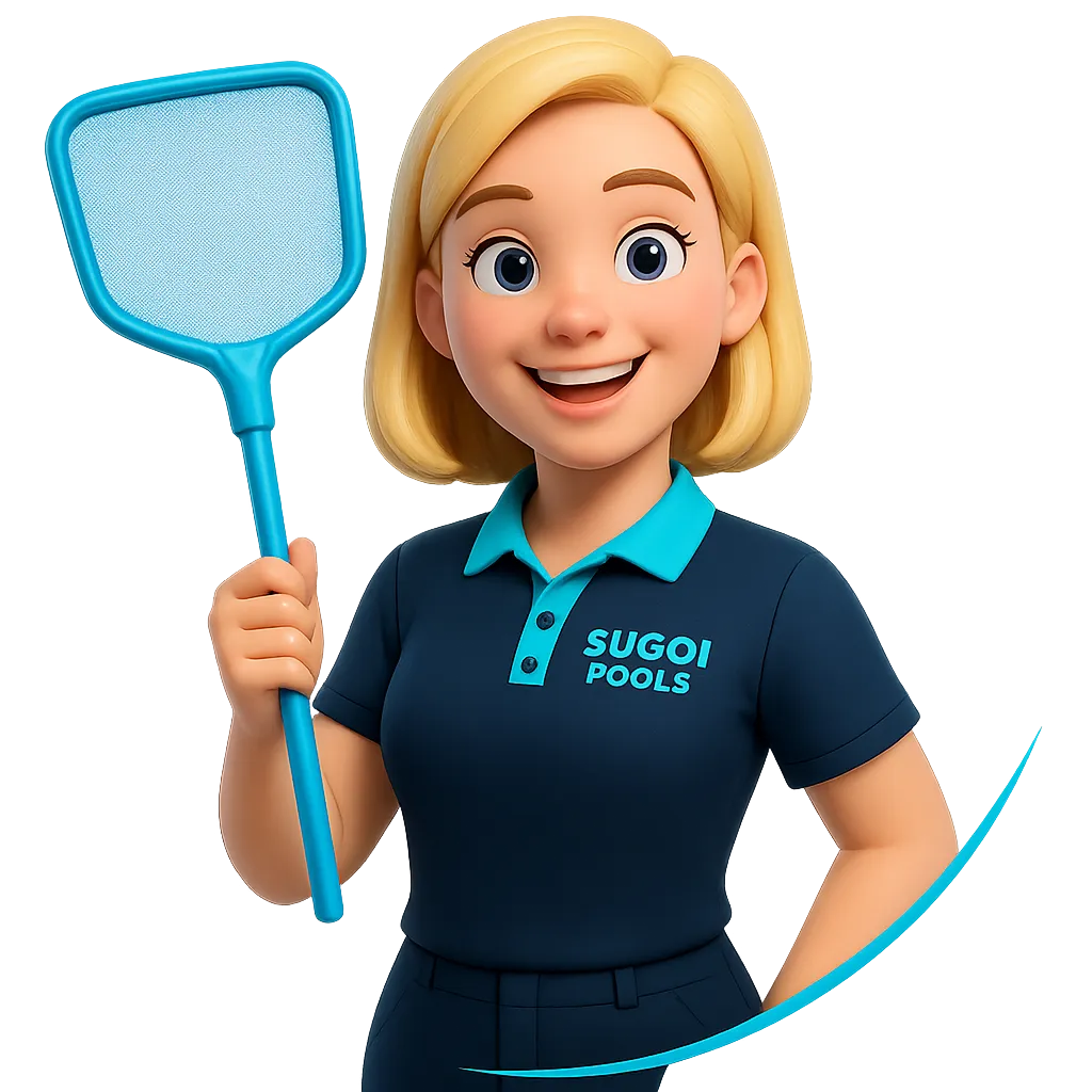 Penny the Pool Girl mascot illustration smiling and holding a pool skimmer net