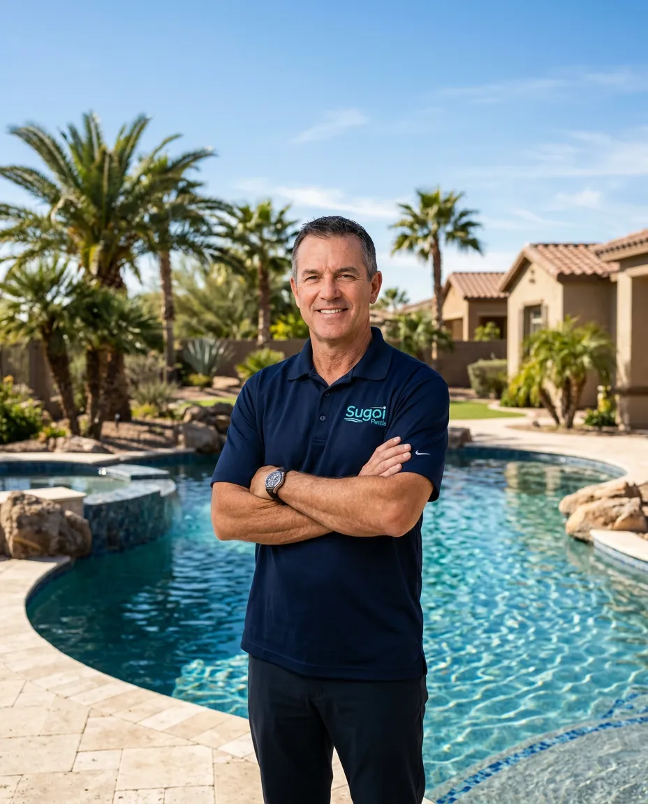 Founder of Sugoi Pools standing beside a sparkling custom pool in Surprise Arizona