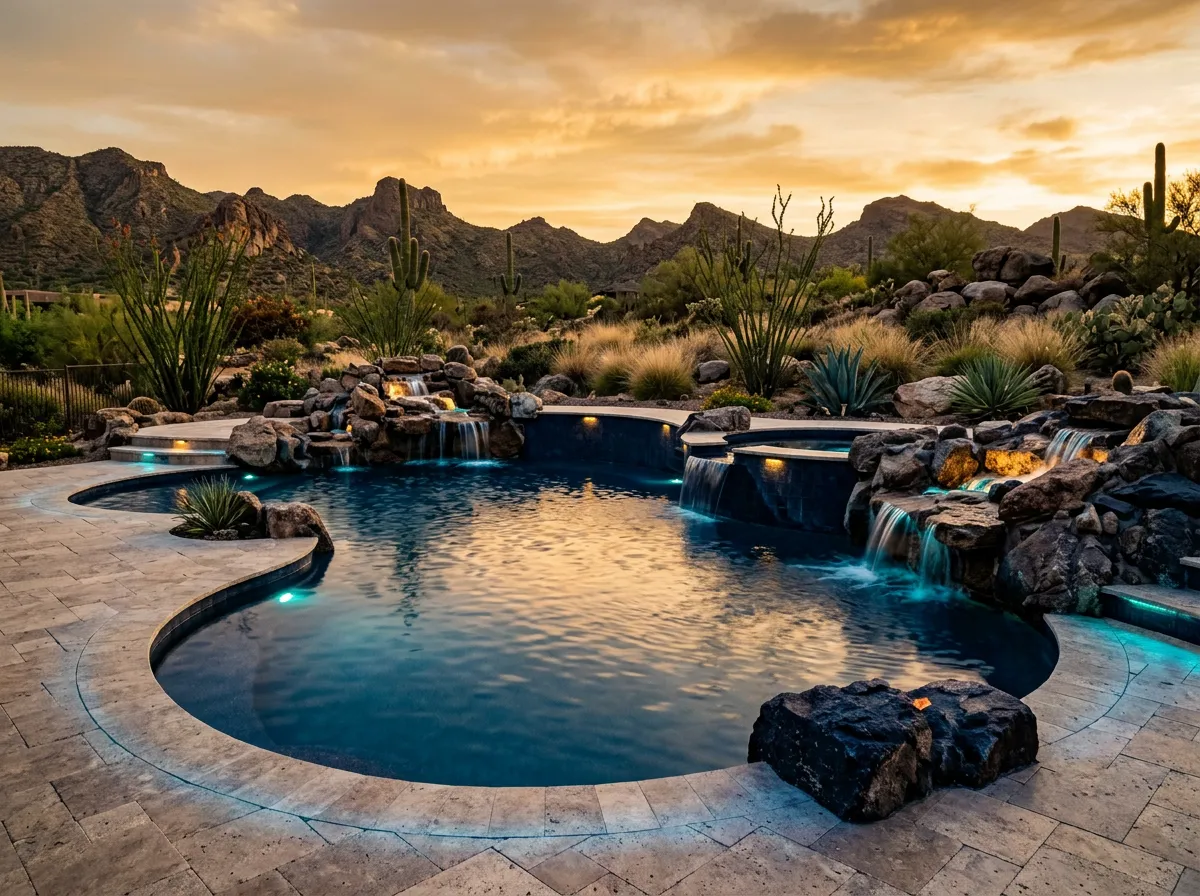 Luxury custom swimming pool build with natural rock waterfall, integrated LED lighting, and travertine decking in Arizona