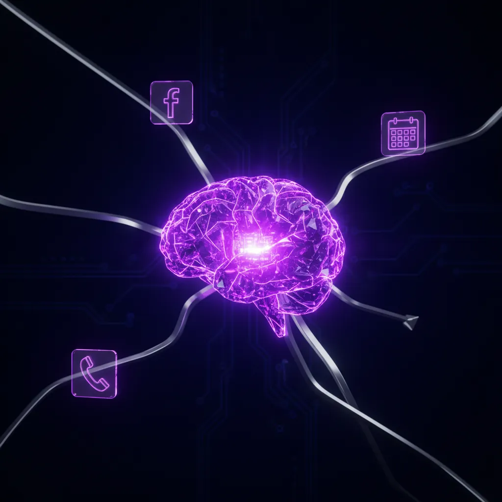 Futuristic silver microphone emitting glowing lilac and violet sound waves forming an abstract digital assistant head on a dark background.