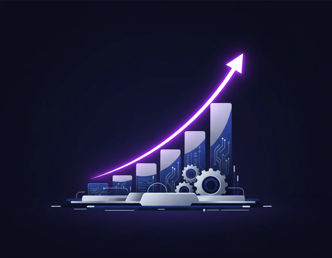 Upward-trending neon lilac growth graph powered by silver and deep blue technological structures on a dark background.
