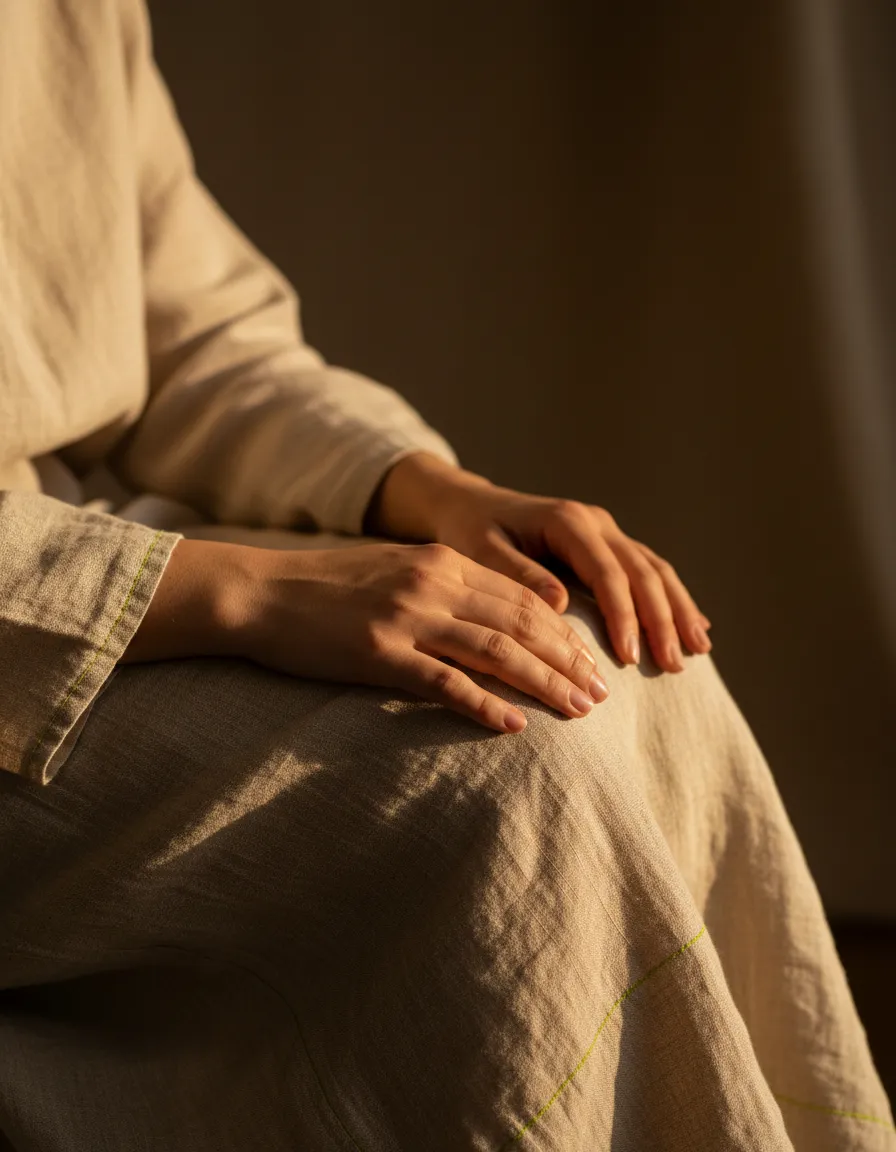 A soft-focus view of hands resting gently on knees, evoking observation and calm presence