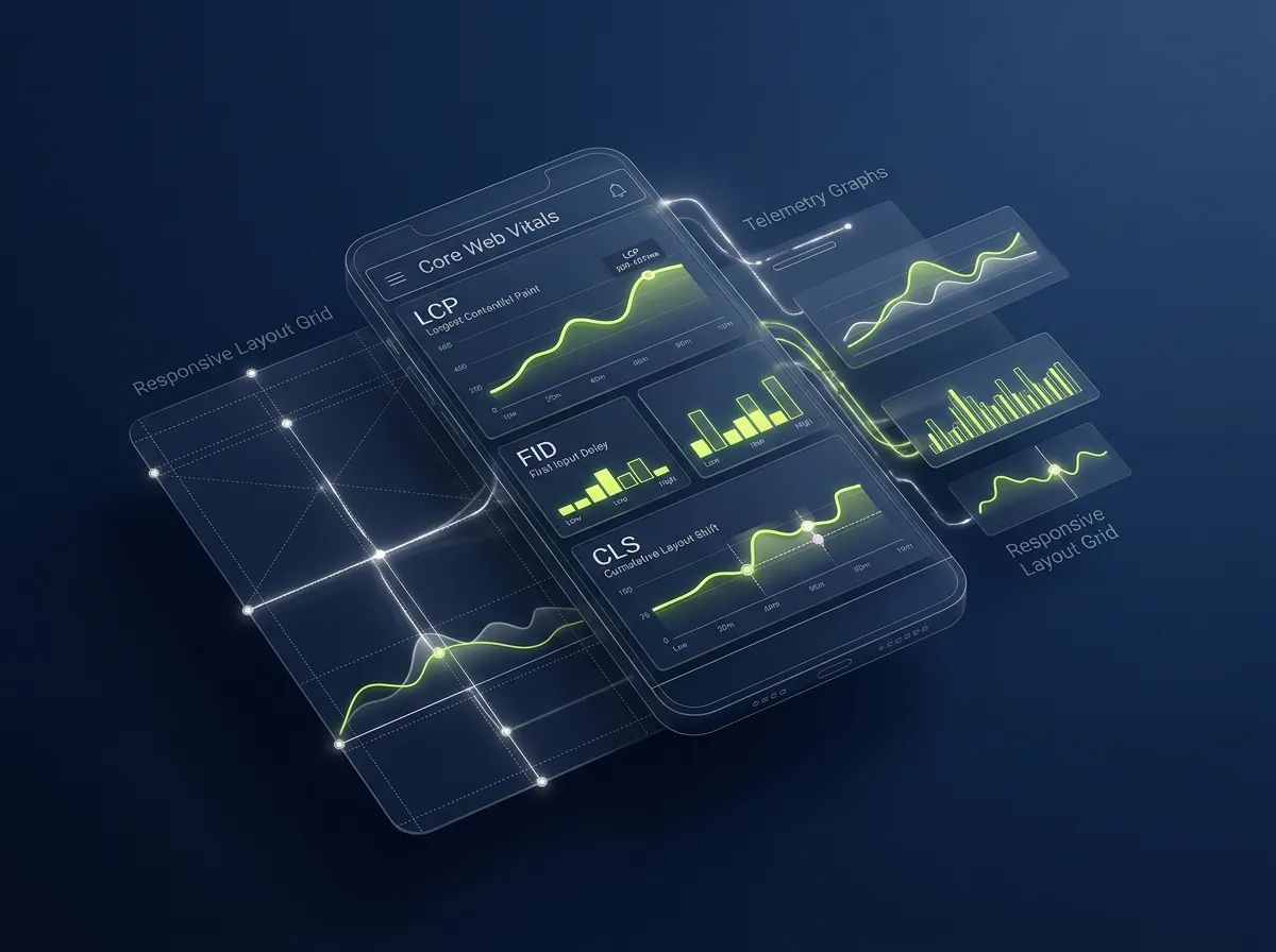 Abstract UI wireframe showing responsive mobile layout grid and Core Web Vitals telemetry graphs