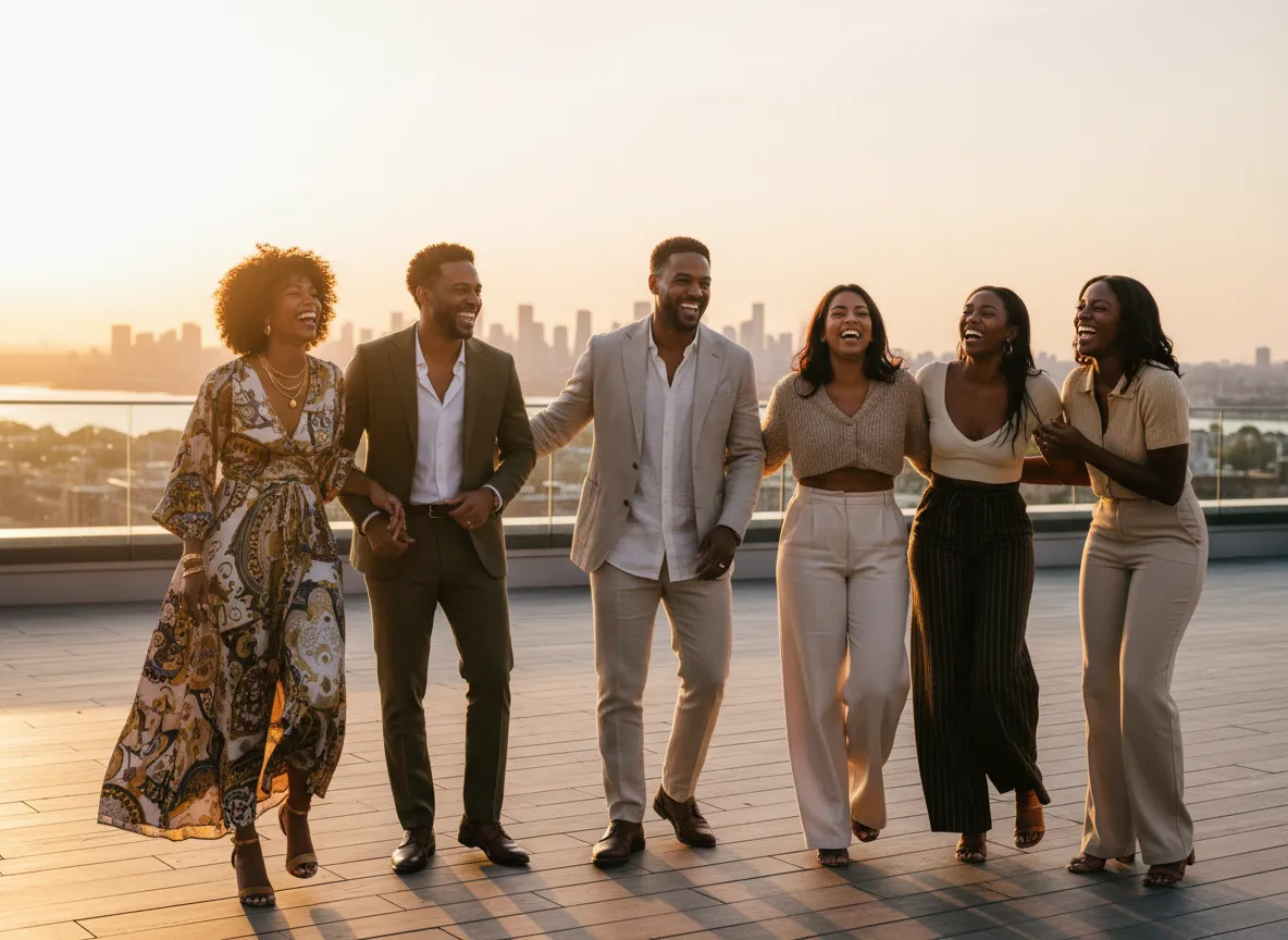 Ebony singles enjoying a group travel experience at sunset
