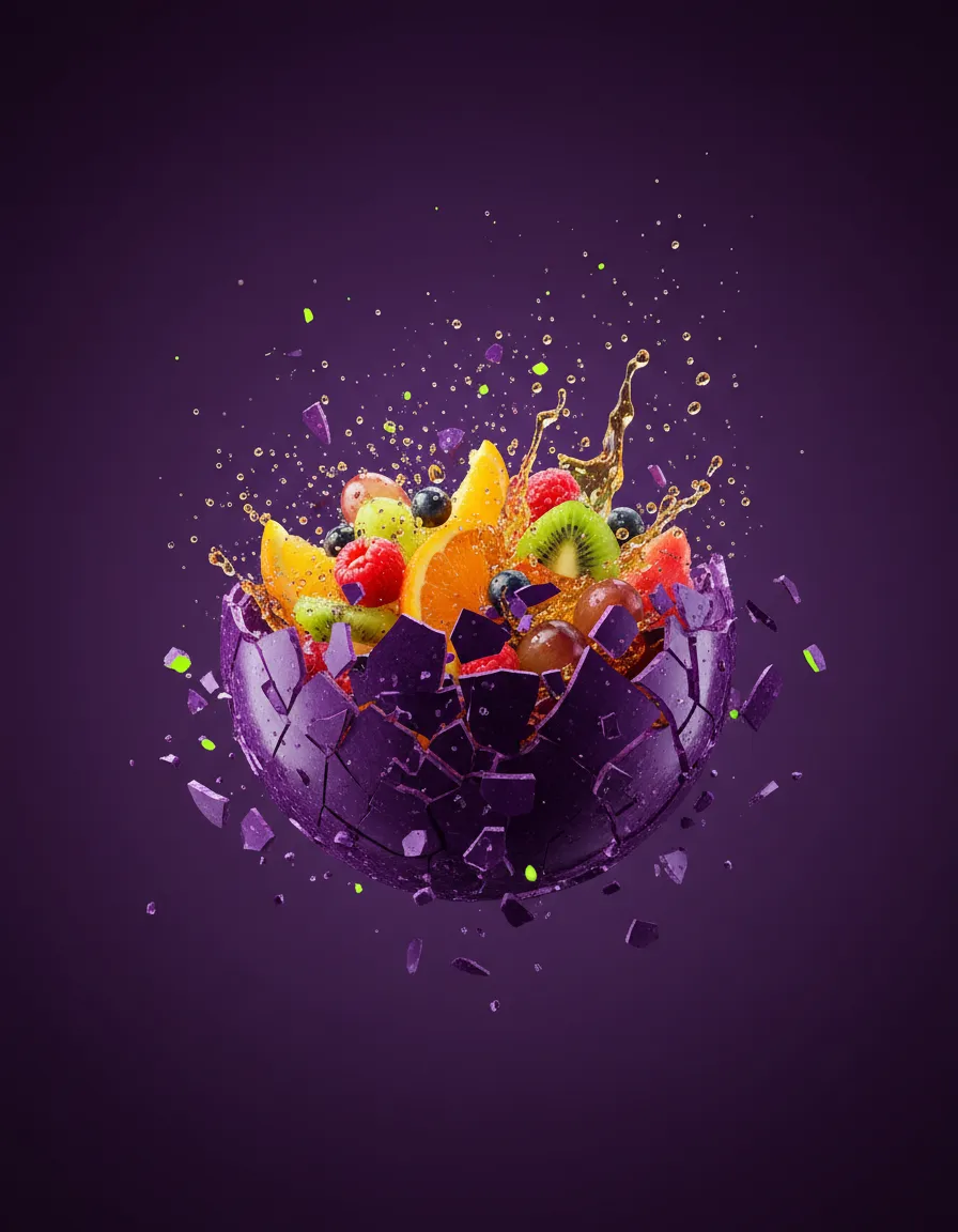 Glossy candied fruit with a crunch shell cracking in slow-motion detail