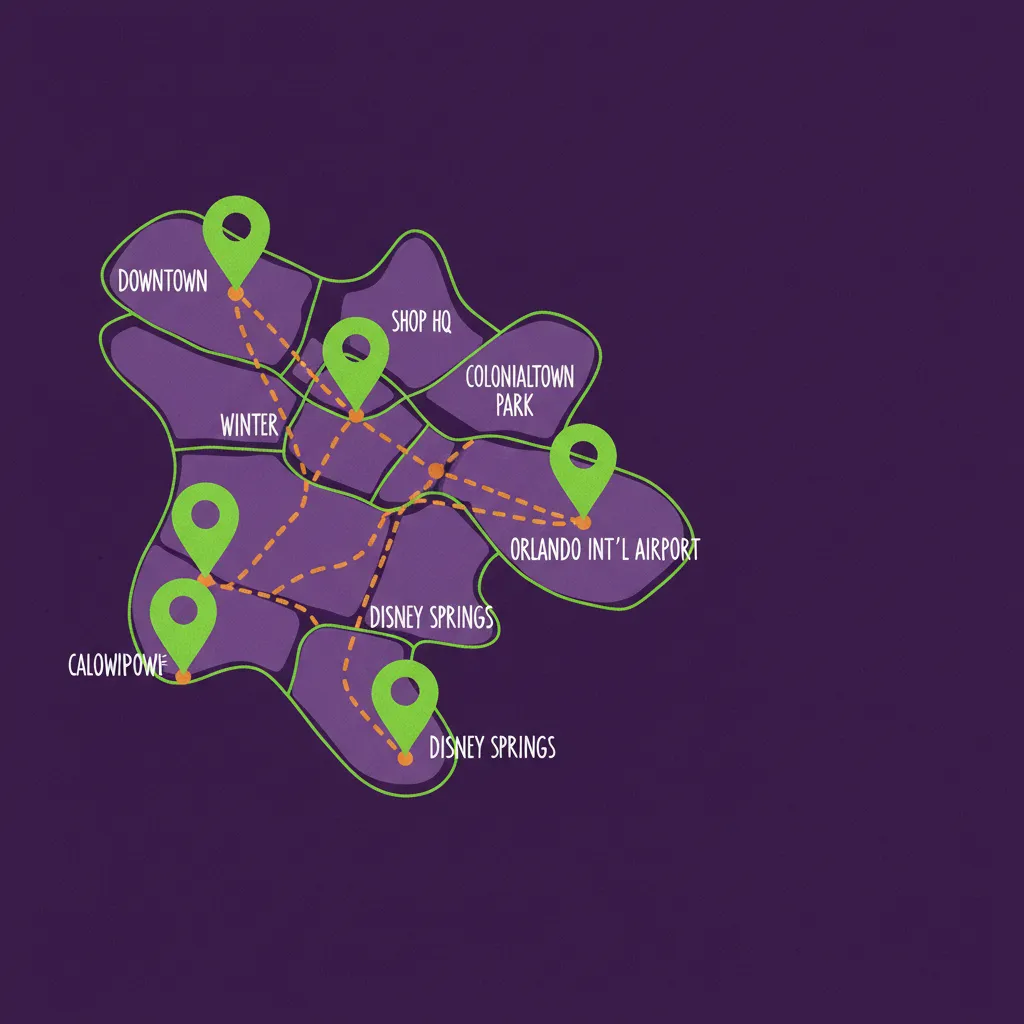 Stylized map graphic of Orlando FL for local pickup and delivery of candied treats