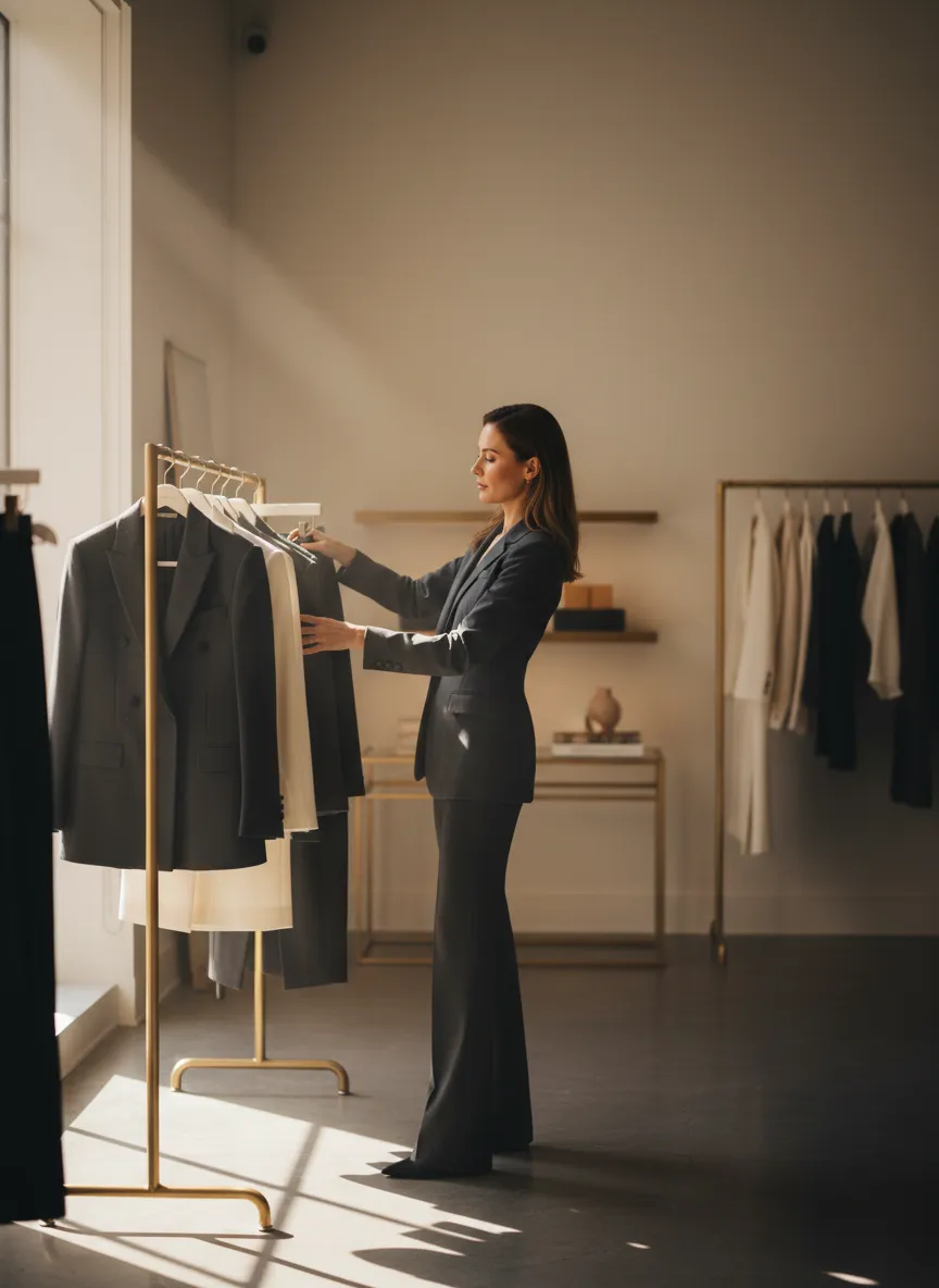 Personal stylist organizing a chic clothing rack with professional workwear