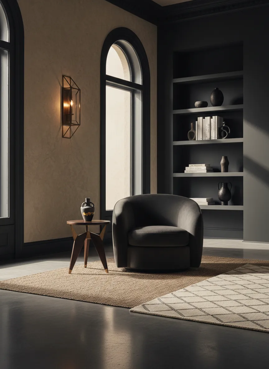 Luxurious editorial photograph of a fully redesigned living space featuring warm light and premium materials