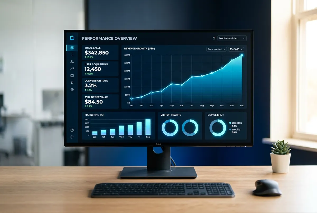 Results-driven marketing performance analytics dashboard and strategy mapping