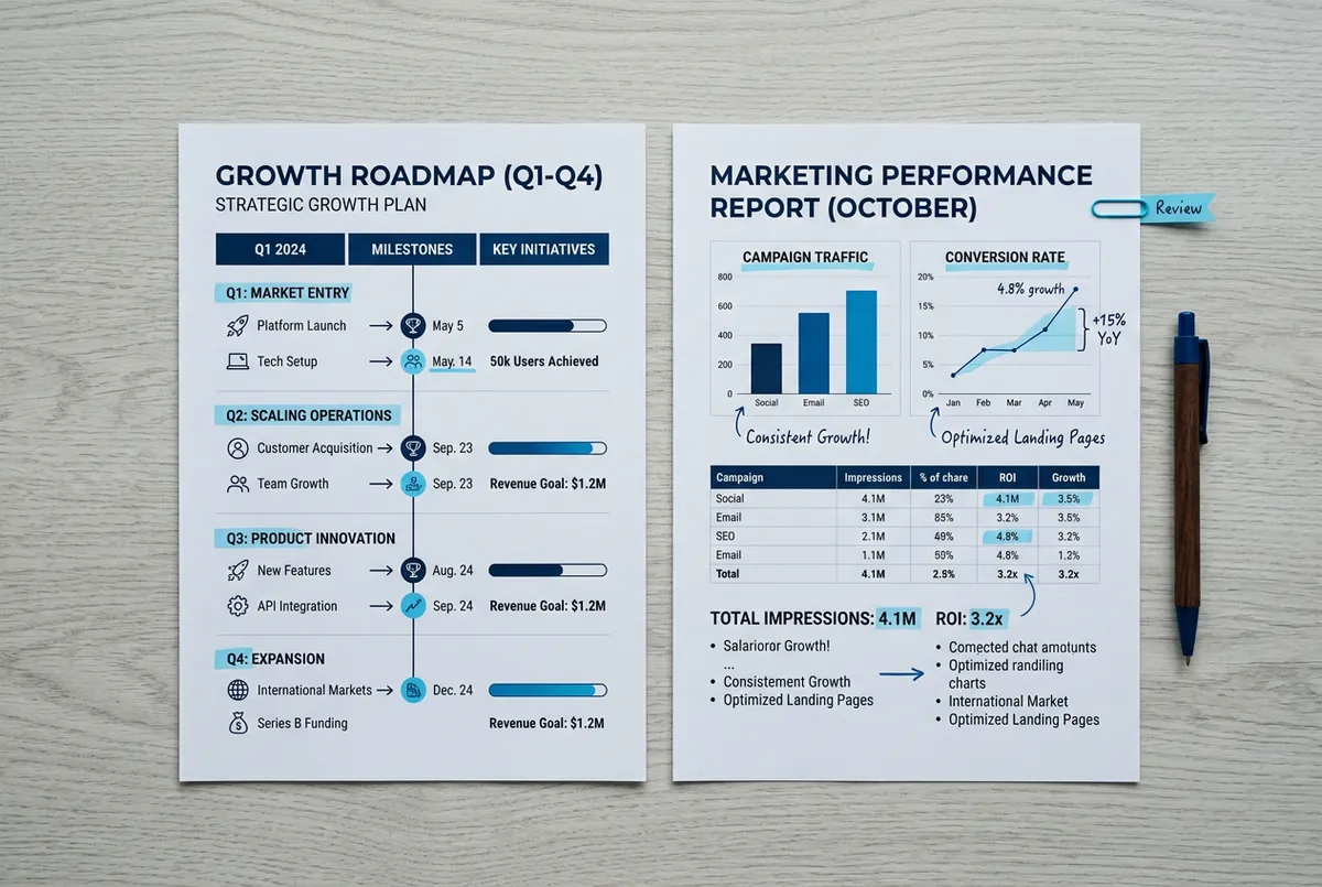 Transparent growth roadmap and clear marketing reporting documentation