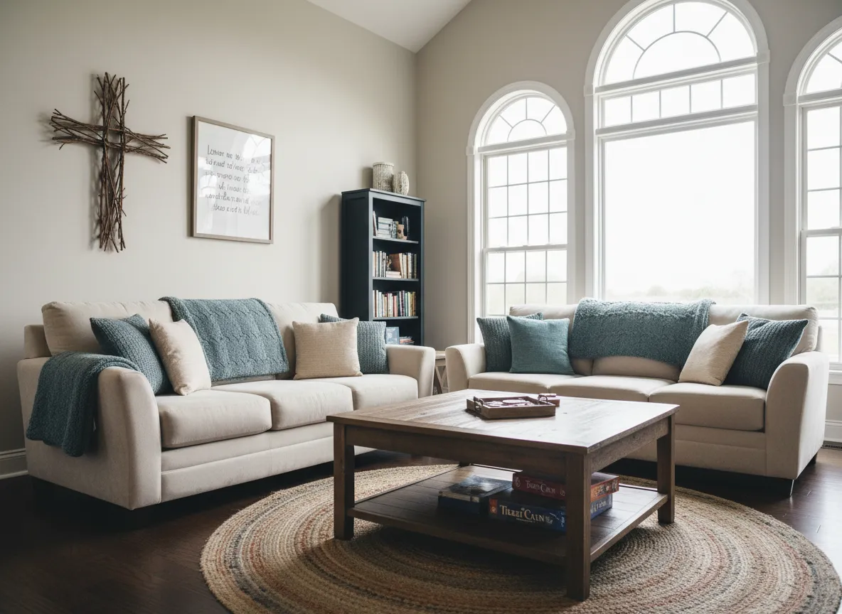 Comfortable shared living room for sober living residents