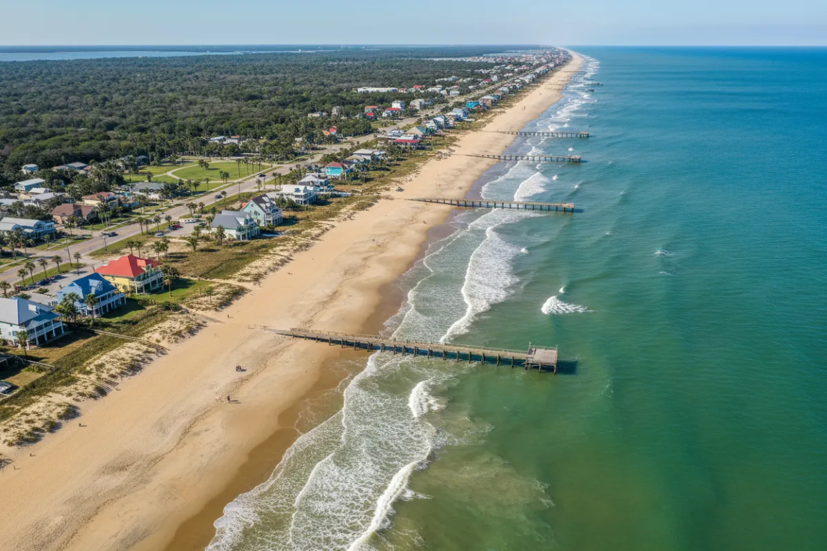 Aerial drone view of Galveston coastline, Texas on a sunny day