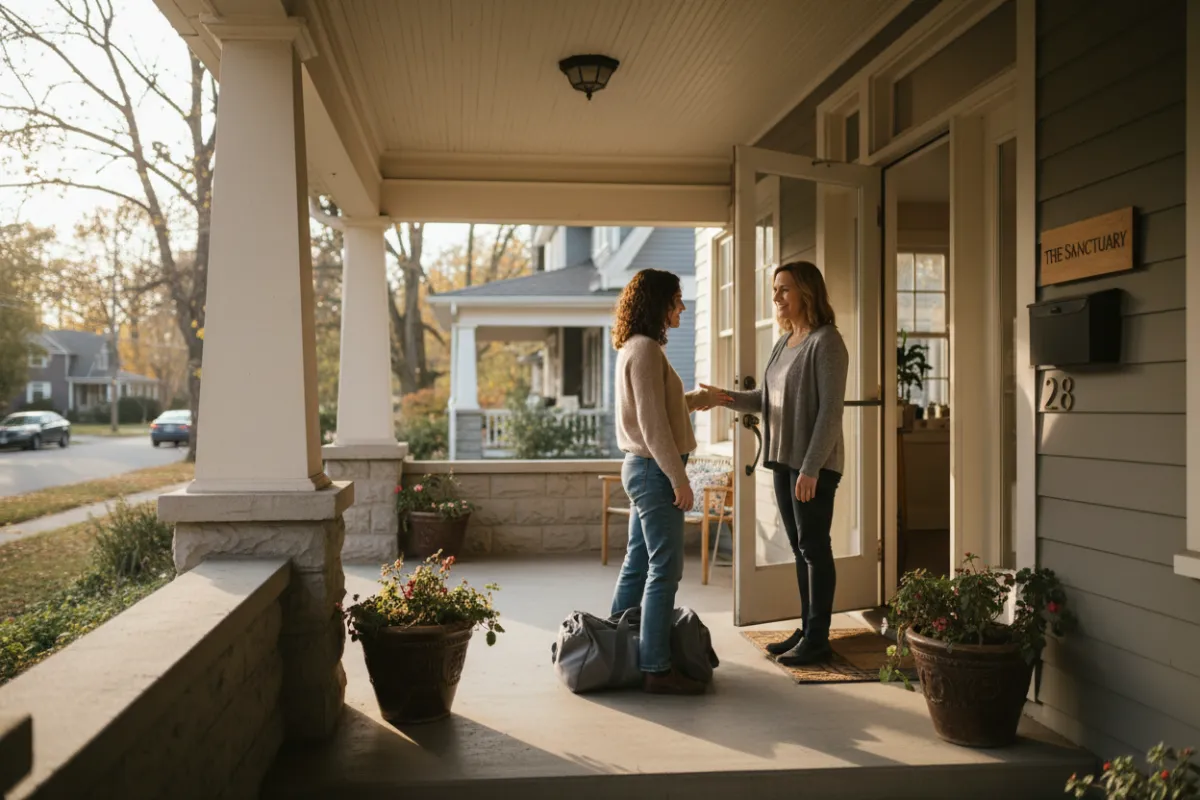 Woman being welcomed at the entrance of a sober living home, greeted by a staff member.