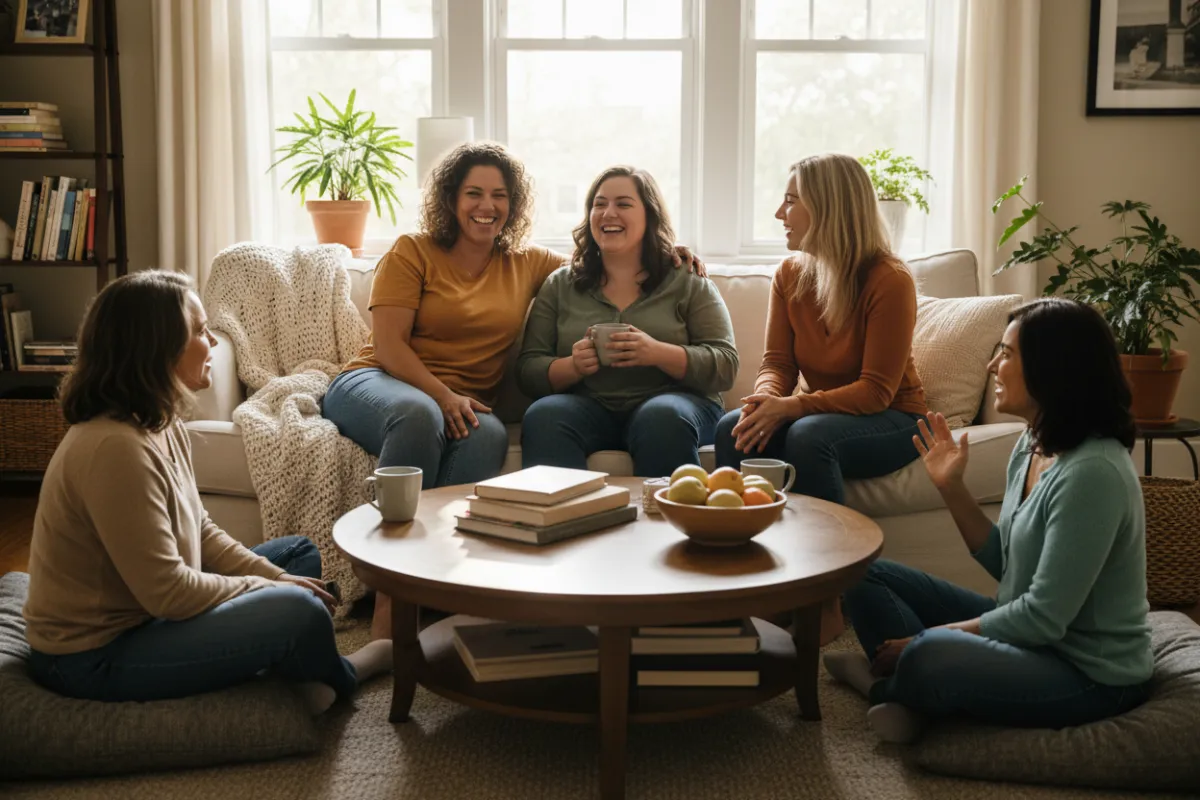 Women in a living room praying together in a sober living home