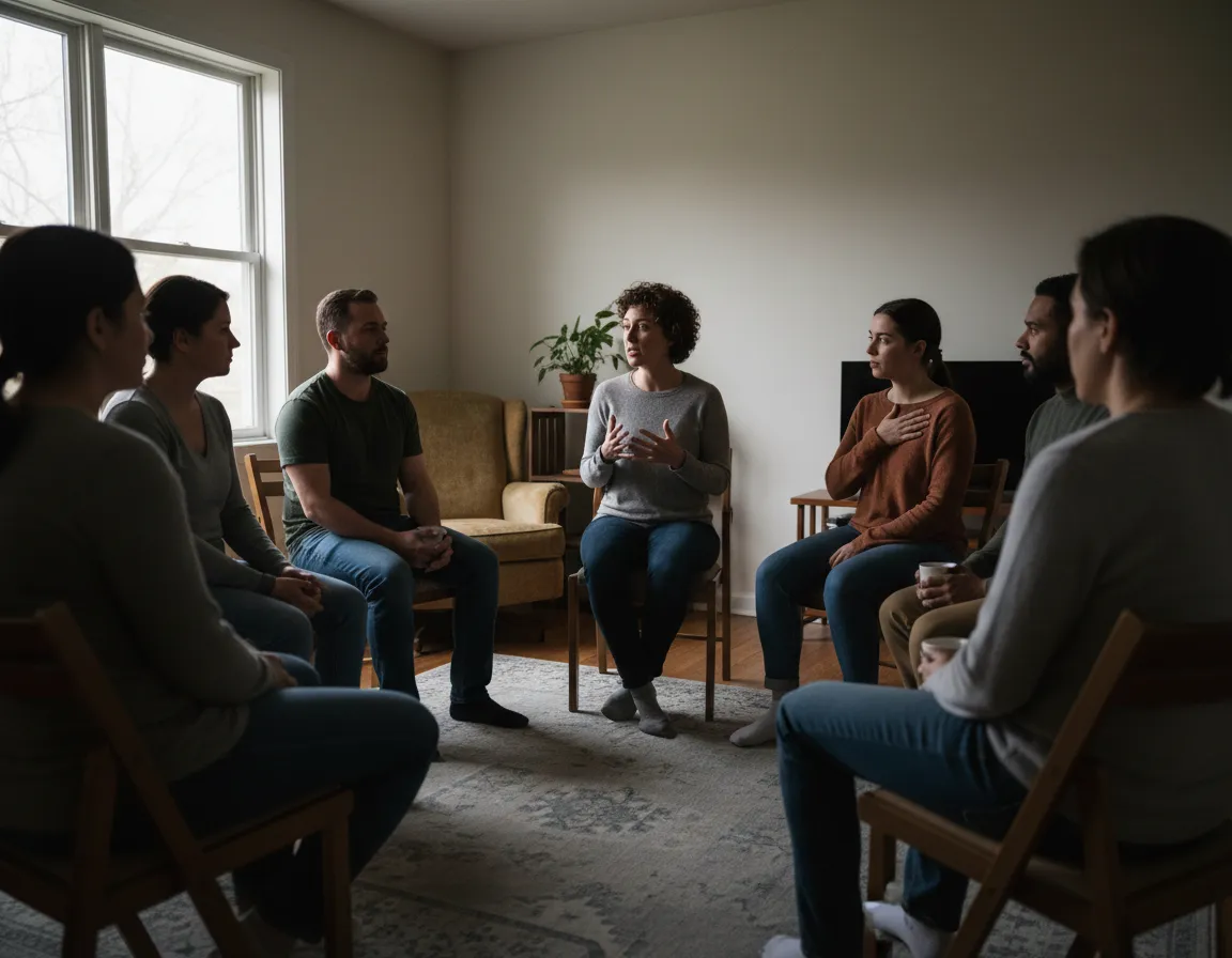 Group sitting in a circle for recovery meeting