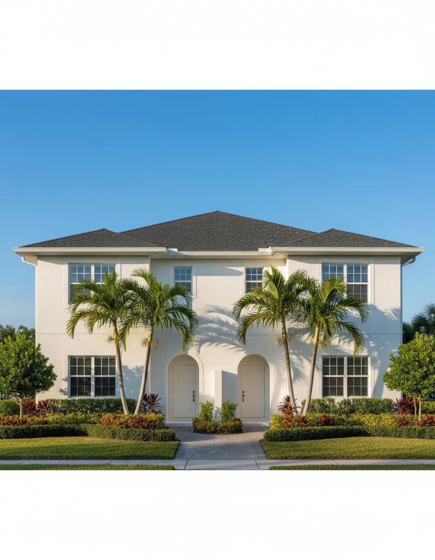 White exterior duplex with dark roof painted by Lehigh Acres Painting
