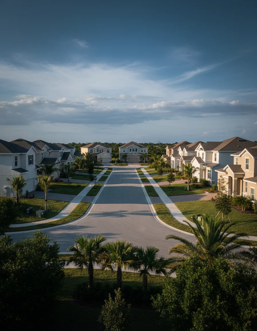 Pristine Lehigh Acres neighborhood street with freshly painted stucco homes
