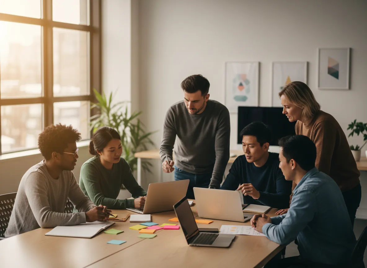 Diverse product team collaborating in a modern workspace