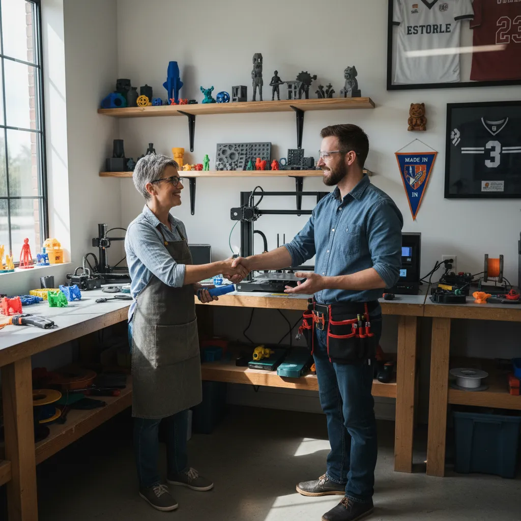 Two people shaking hands in a well-lit workshop, surrounded by 3D printed objects and tools. The scene features a diverse pair—one small business owner and one technician—smiling and establishing trust. The background includes workbenches and local memorabilia.