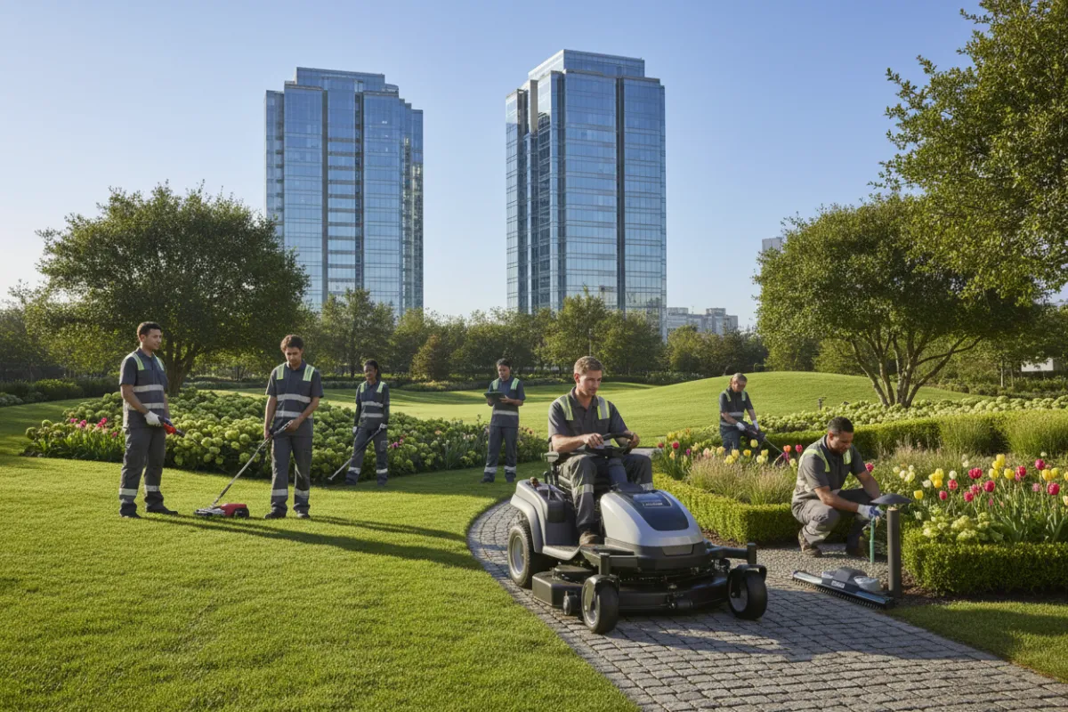 A diverse team of uniformed landscape professionals tending to a lush, manicured commercial property with modern office buildings in the background, bright morning light, and vibrant greenery. The team uses advanced equipment, exuding professionalism and care.