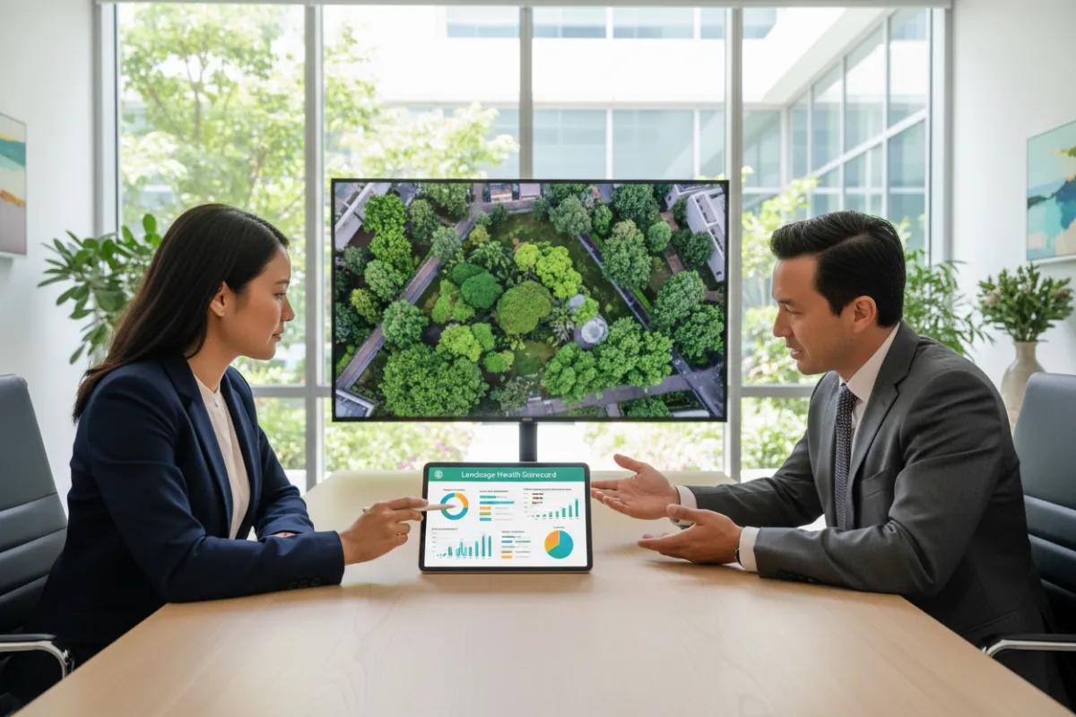 A property manager in business attire reviews a detailed landscape health scorecard with a landscape consultant, both seated at a modern conference table with large windows overlooking a green courtyard. The scene is bright, professional, and collaborative.
