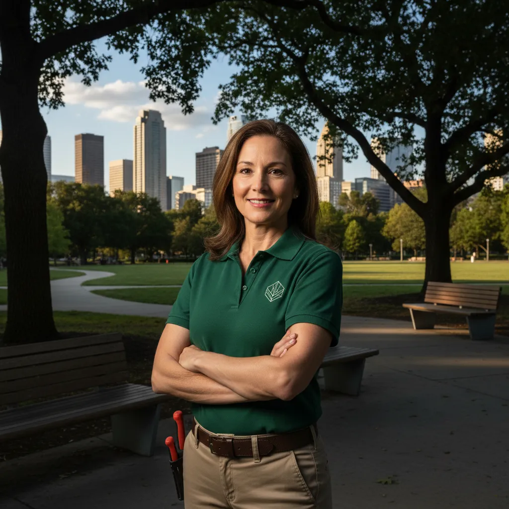 Portrait of a confident, middle-aged landscape manager in branded attire, standing in front of a city park with mature trees and modern benches. The background shows a skyline, and the subject exudes approachability and expertise.
