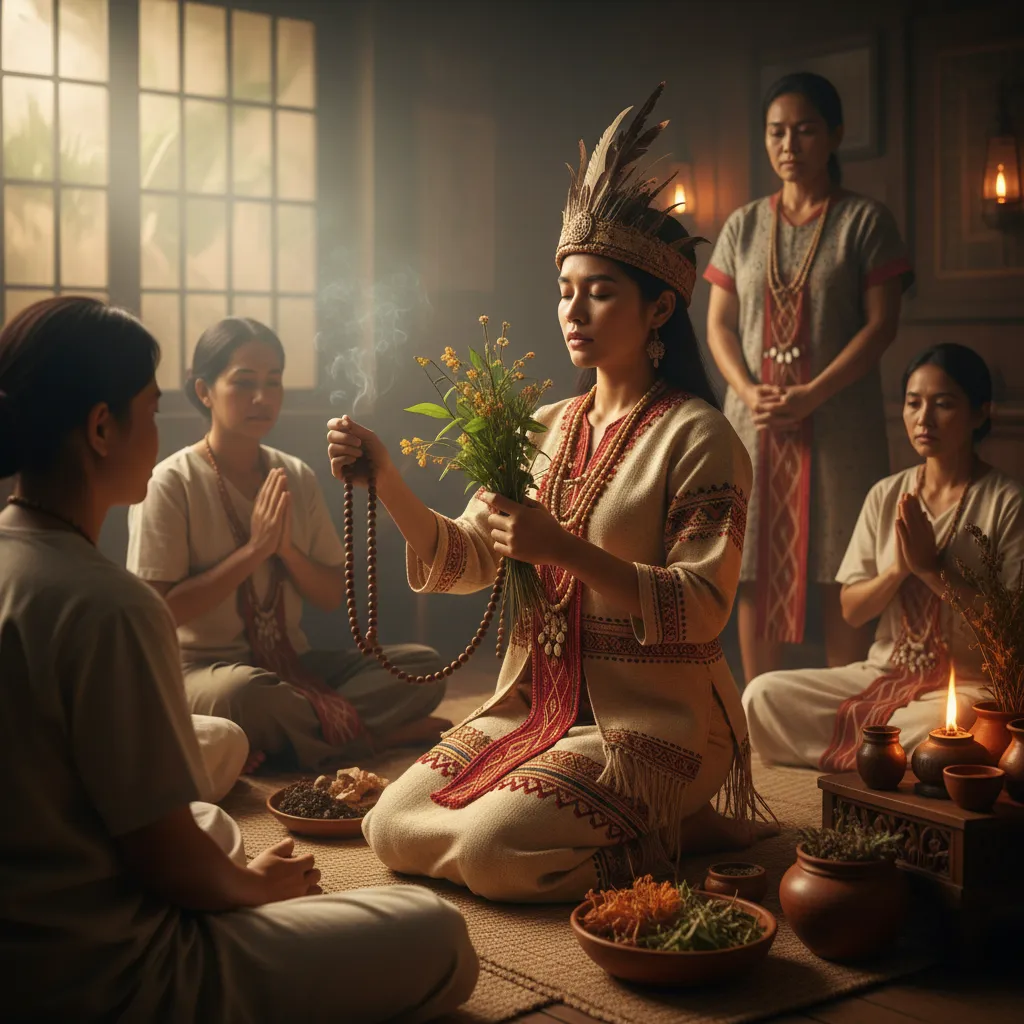 A Filipino healer in traditional attire gently performing a healing ritual with herbs and prayer beads, surrounded by attentive community members in a peaceful, softly lit room.