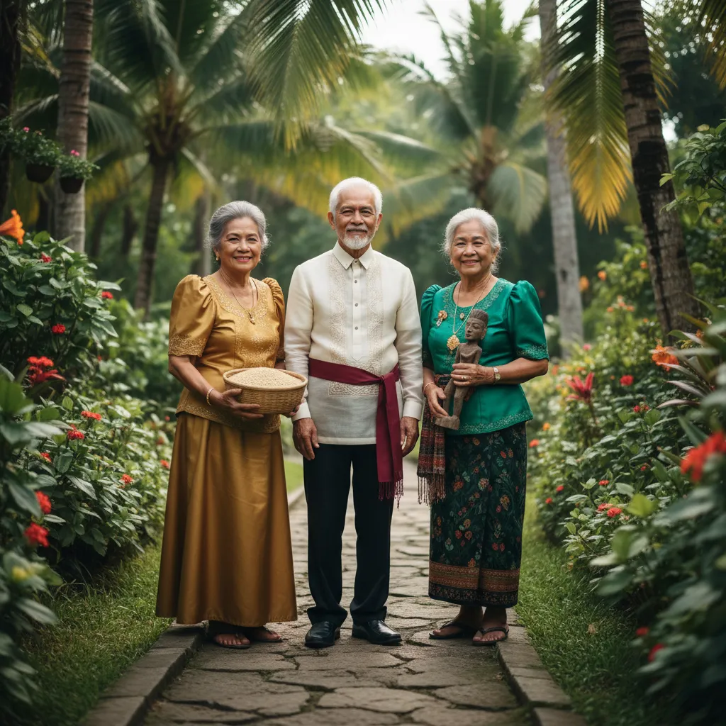 A formal portrait of the Moncado Preservation Society founders, three Filipino elders in traditional attire, standing together in a lush garden. Their expressions are proud and welcoming, symbolizing leadership and cultural stewardship.