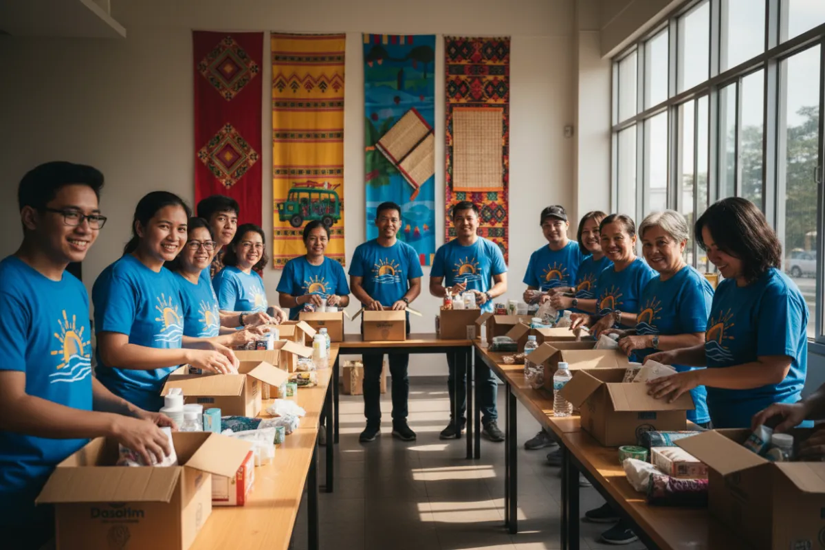 A group of volunteers of various ages, wearing matching shirts, working together to prepare care packages in a bright community center. Smiles and teamwork are evident, with Filipino cultural banners in the background.