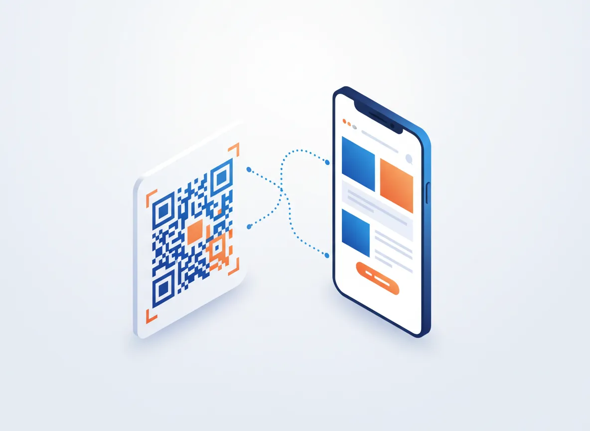 Illustration of QR-connected print leading to a website on a phone
