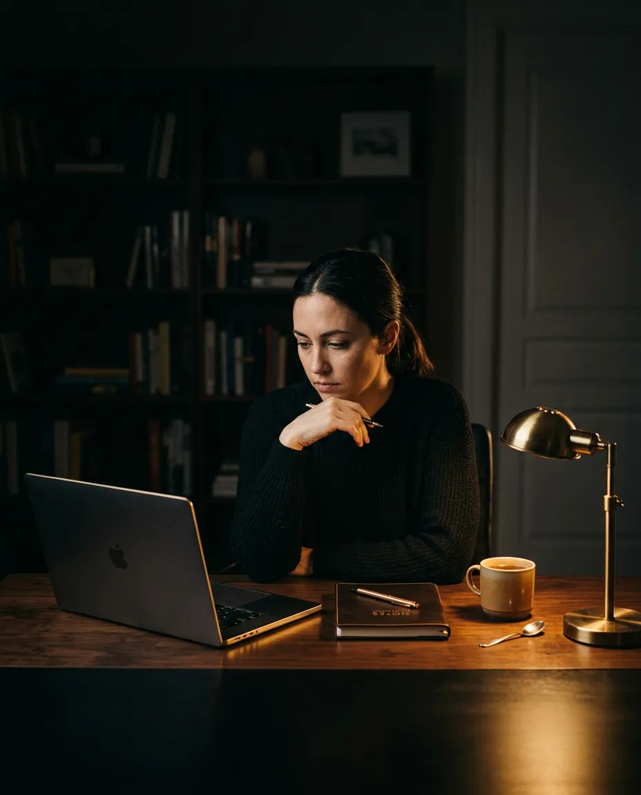 Exhausted founder working late, overwhelmed by managing fragmented AI prompts and manual workflows