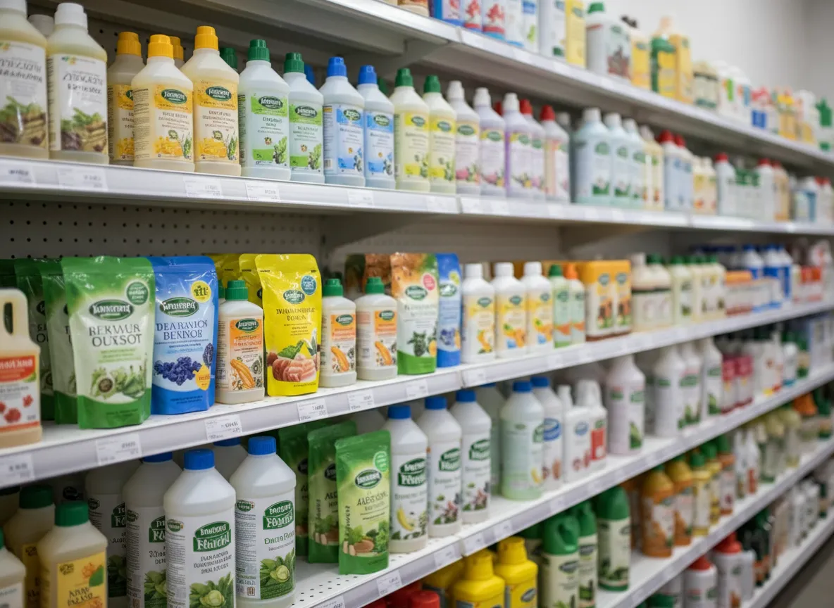 Különböző tápoldatok és növényvédő szerek polcon