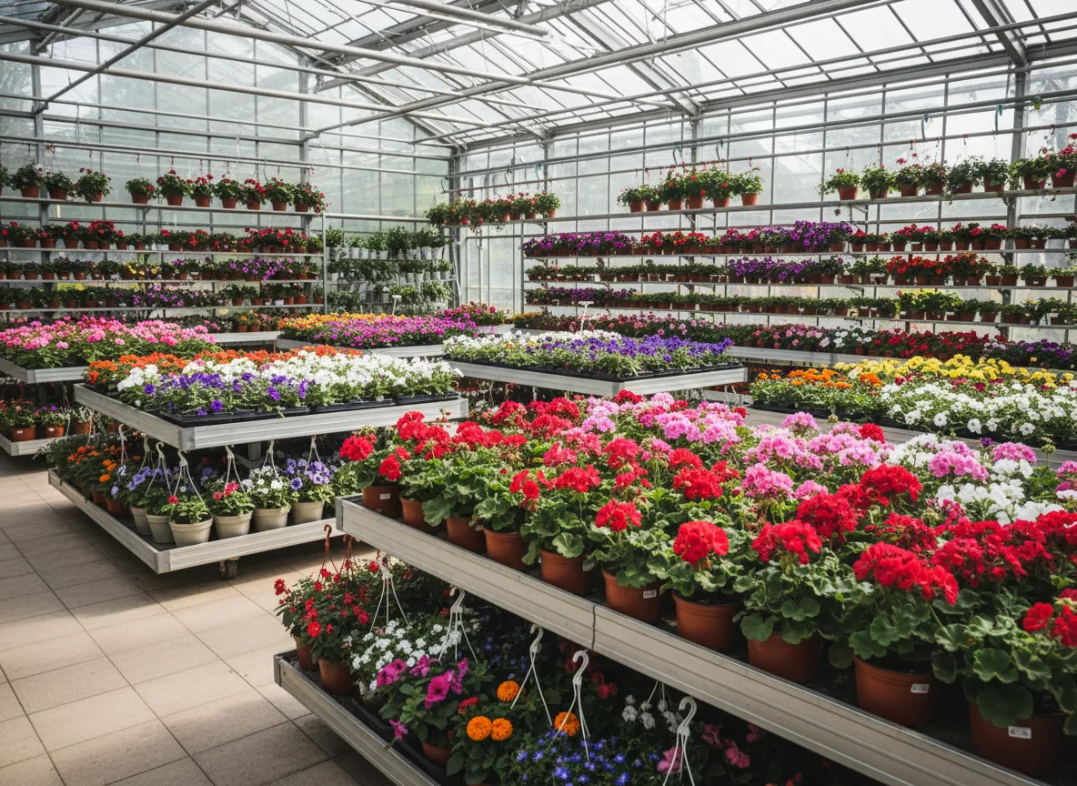 Színes cserepes virágok polcokon