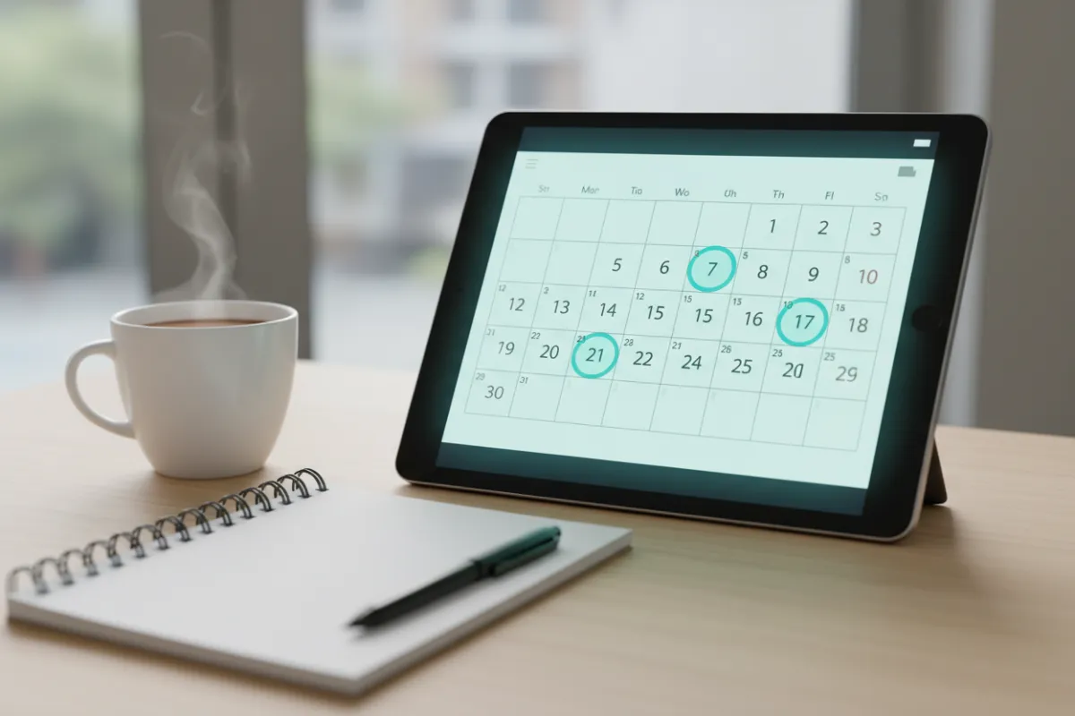A digital calendar interface displayed on a tablet, showing highlighted dates for upcoming CPR and First Aid classes. The tablet rests on a wooden table with a coffee cup and notepad nearby, suggesting a relaxed, organized planning environment.