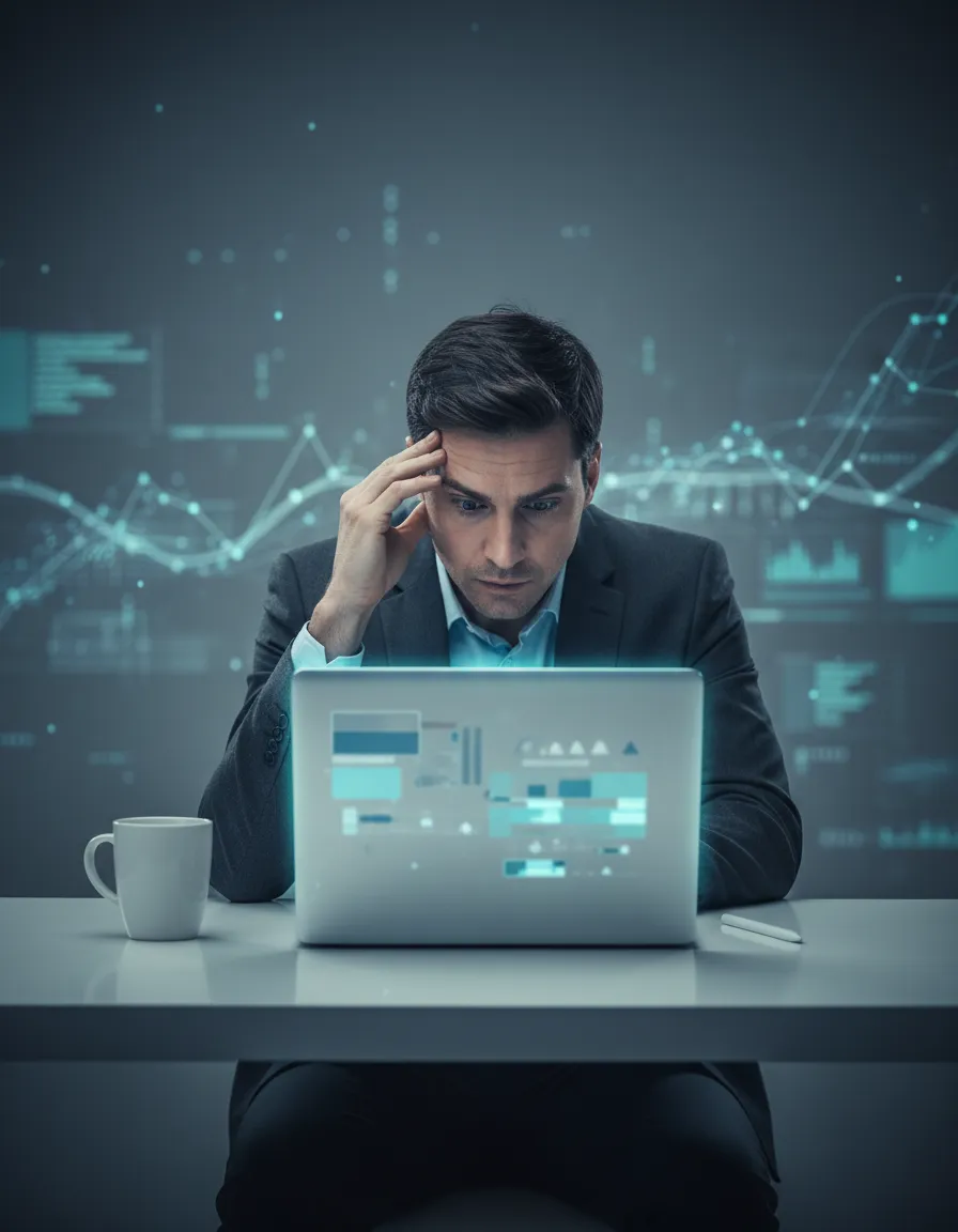 Professional expressing fatigue from overwhelming marketing data and analytics dashboards