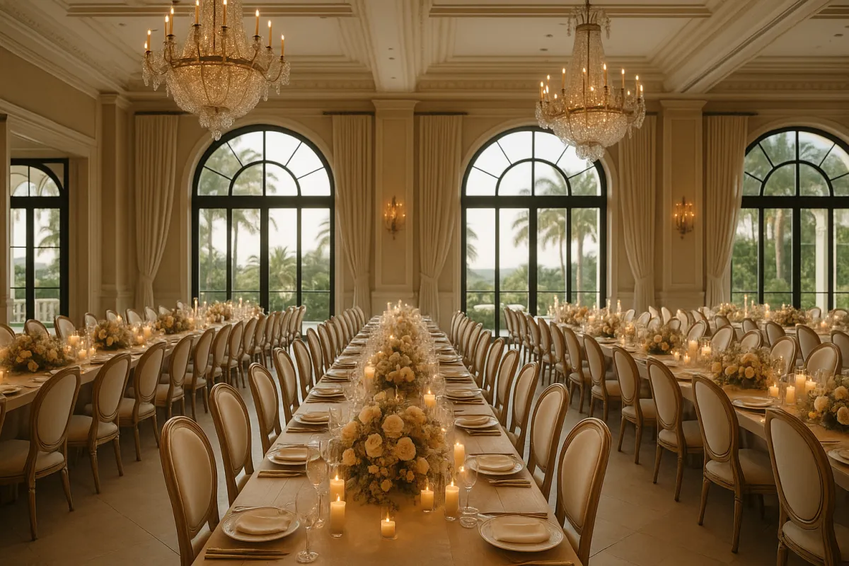 Elegant 3:2 ballroom setup for a luxury wedding reception