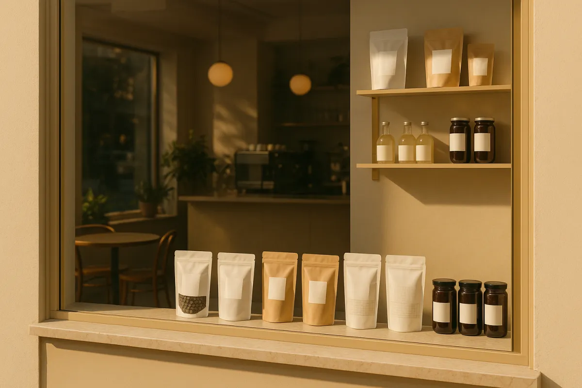Boutique café window with artisanal goods and partner product shelf, warm light, beige-gold accents.